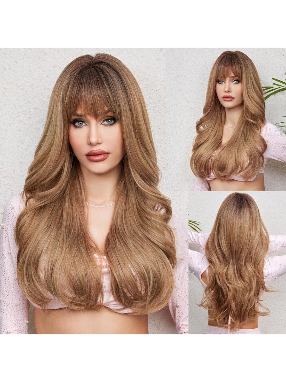Women's Light Brown Heat Resistant Long Curly Wavy Synthetic Wig Bangs Size 26In